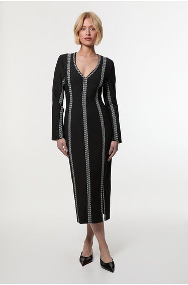 Compact Stretch Jacquard Insert Split Front Midaxi Dress