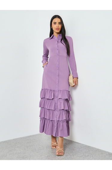 Lilac Buttoned Ruffled Tiered Hem Maxi Dress