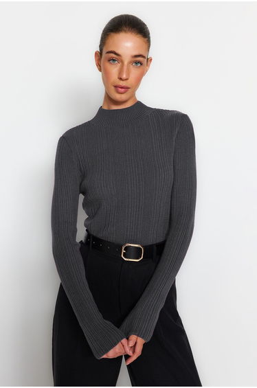 Anthracite Stand-up Collar Knitwear Sweater