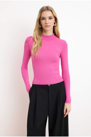 Fuchsia Stand Collar Plain Long Sleeve Stretchy Knitted Blouse