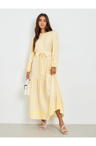 Women Yellow Long Sleeves A-Line Maxi Dress