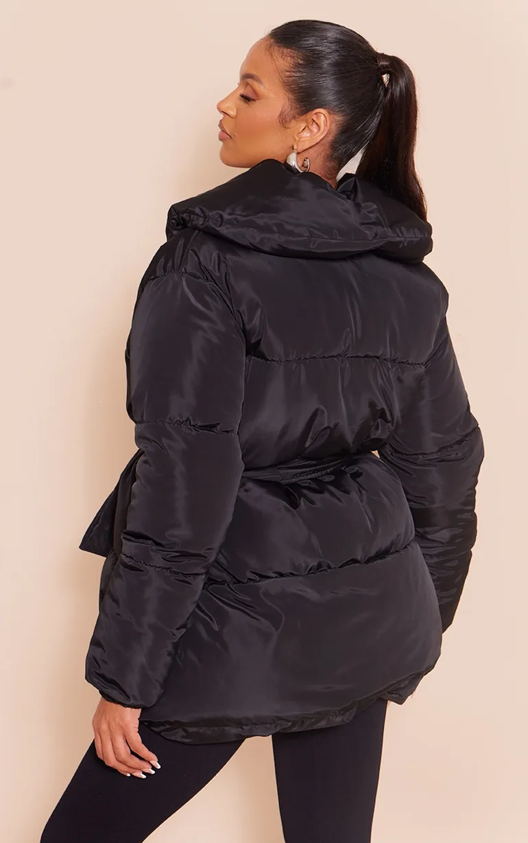 Maternity Black Oversized Collar Belt Puffer Coat - 1