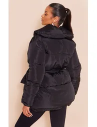 Maternity Black Oversized Collar Belt Puffer Coat - 1