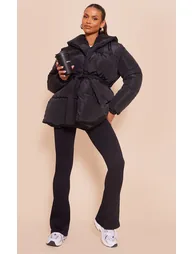 Maternity Black Oversized Collar Belt Puffer Coat - 2