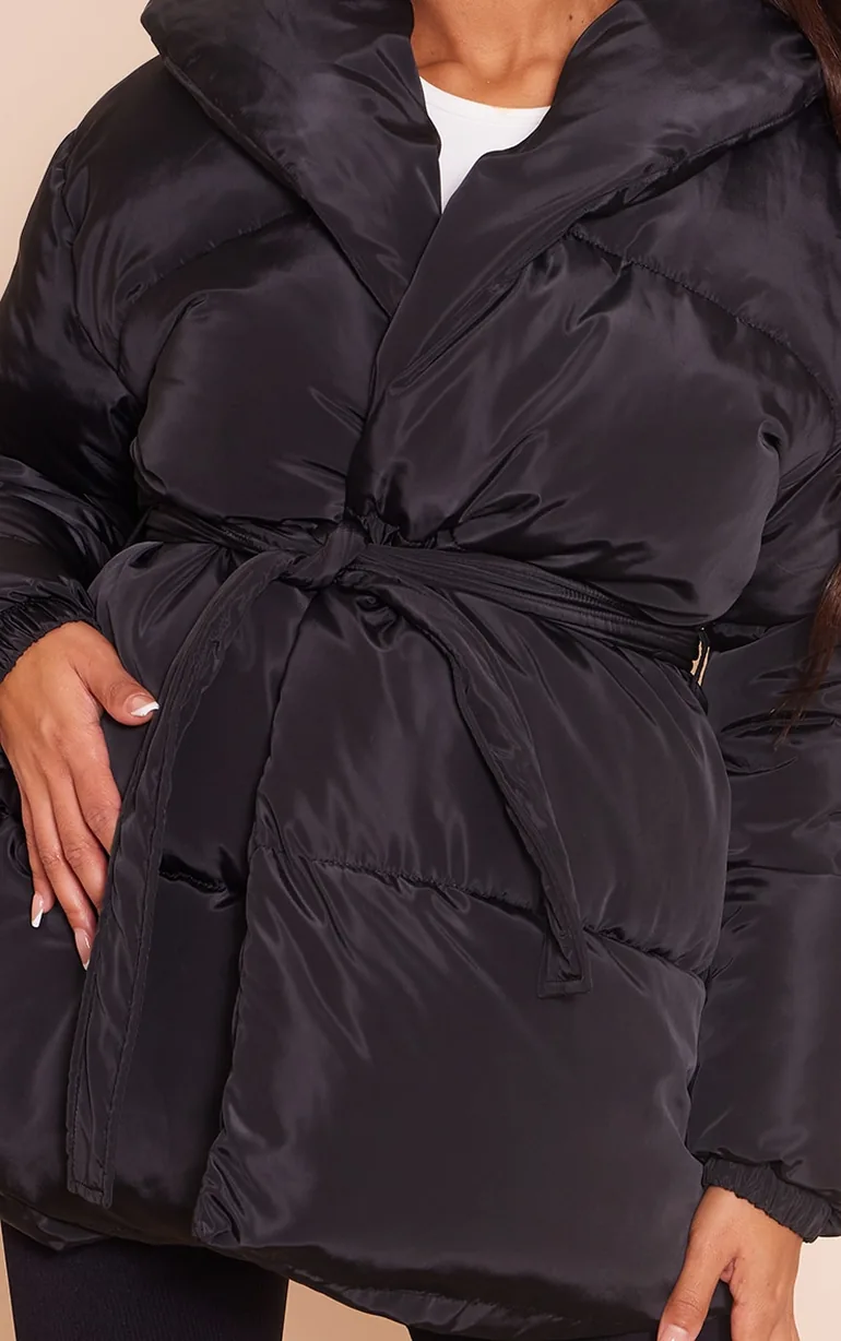 Maternity Black Oversized Collar Belt Puffer Coat - 3