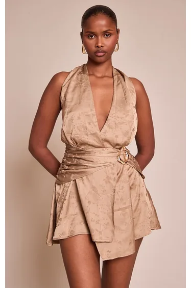 Olive Satin Jacquard Trim Detail Mini Shift Dress