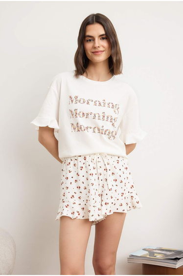 Ecru 100% Cotton Floral 30/1 Openend Single Jersey Knitted Pajama Set