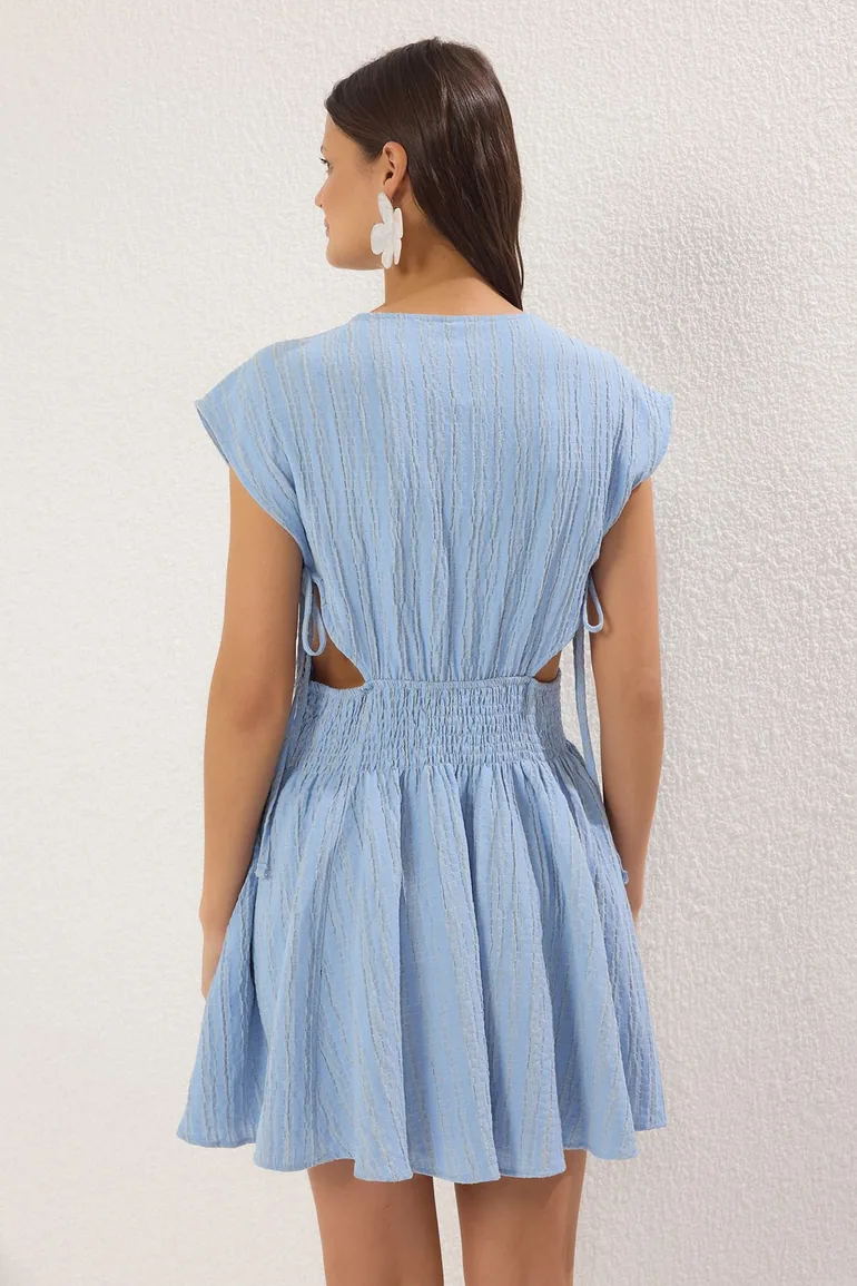 Blue Mini Woven Cut Out/Window Linen Blend Beach Dress Trendyol Blue :  Coverups : VogaCloset Bahrain