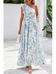 Lvness Sky Blue Floral Print Ruffled One Shoulder Vacation Maxi Dress - 1