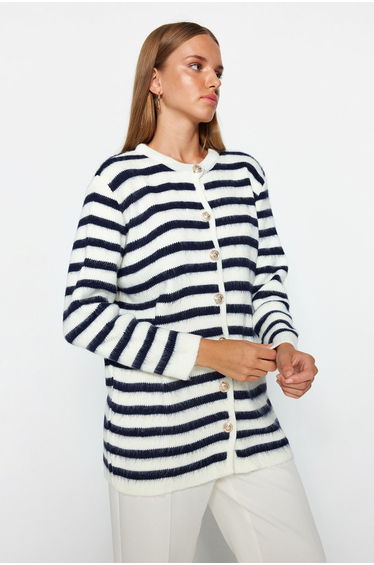 Ecru Navy Blue Striped Gold Button Detailed Soft Textured Knitwear Cardigan