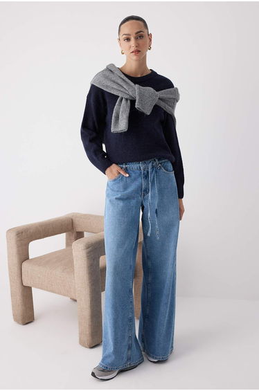 Navy Blue Alpaca Yarn Basic Knitwear Sweater