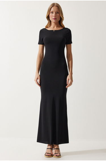 Women's Black Decollete Long Sandy Knitted Dress