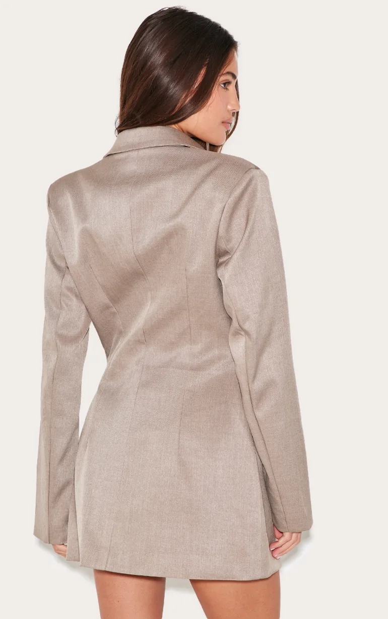 Mushroom Woven Cinched Waist Blazer Dress - 1