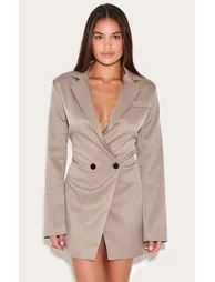 Mushroom Woven Cinched Waist Blazer Dress