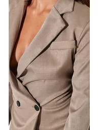 Mushroom Woven Cinched Waist Blazer Dress - 3