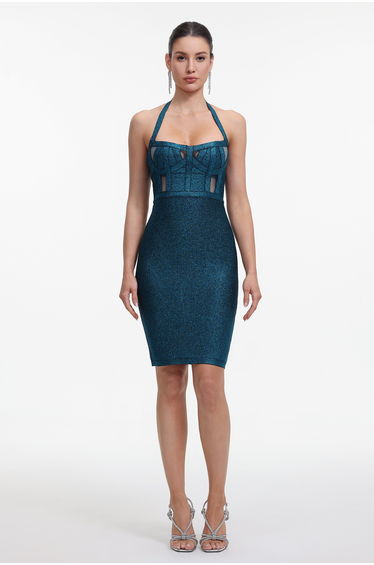 Halter Metallic Bandage Dress - Dark Blue