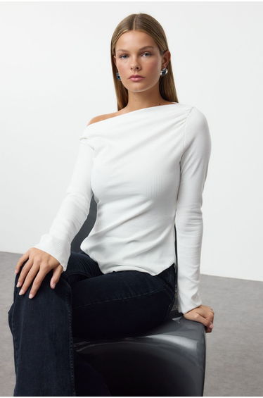 Ecru Draped Boat Neck Asymmetric Flexible Knitted Blouse
