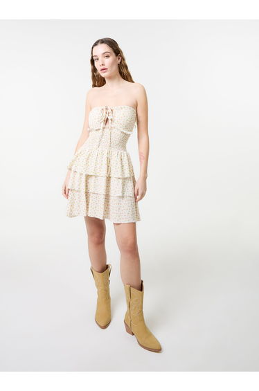 Ditsy Floral Ruched Cup Tiered Mini Dress