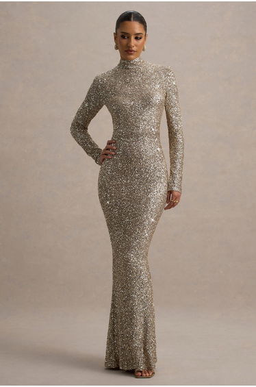 Galaxy | Champagne Sequin Turtle-Neck Long-Sleeve Maxi Dress