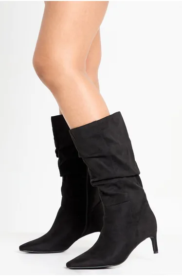Wide Fit Faux Suede Ruched Calf Height Stiletto Boots - black