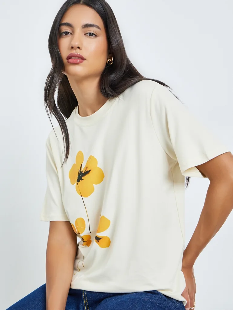 Beige Floral Graphic Print T-Shirt - 1