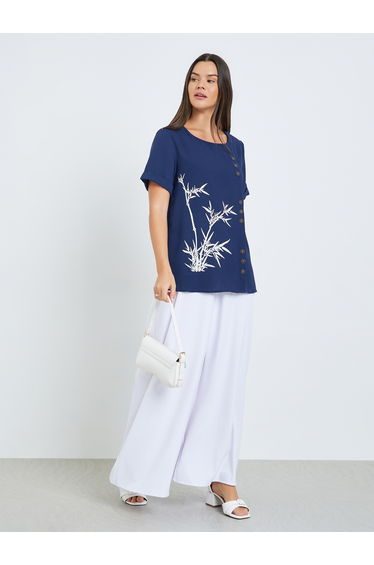 Navy Blue Printed Short Sleeve Top