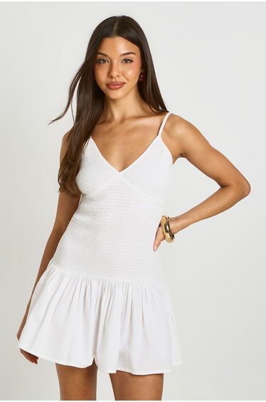 Shirred Bodice Poplin Mini Dress - ivory