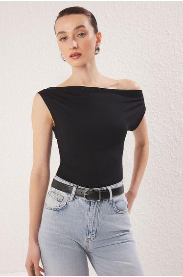Black*001 Plain Boat Neck Fitted Viscose/Soft Fabric Flexible Knitted Knit Blouse