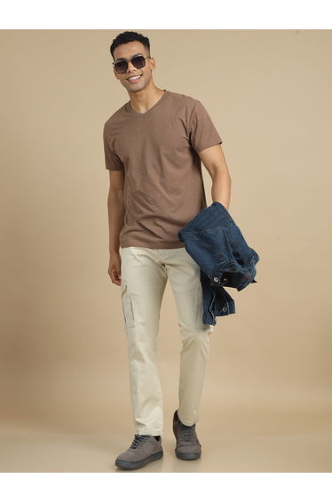 Men Cream Smart Slim Fit Cargo Pants