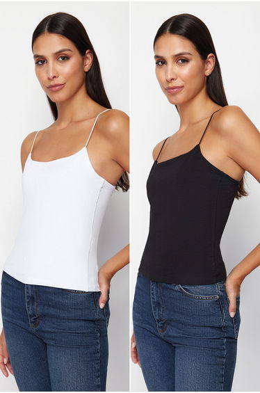 Black and White Strap Regular Flexible 2 Pack Knitted Undershirt