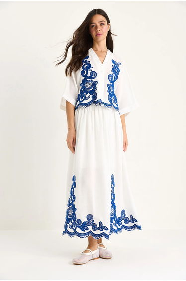 LUCCI Oversized V-neck Embroidered 3/4 Sleeve Shirt and Wide Leg Pants Set