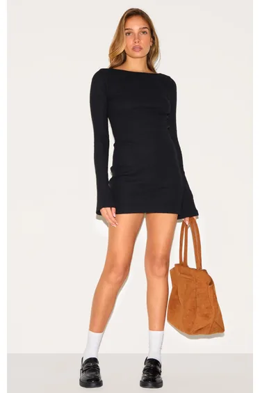 Black Heavy Brushed Rib Flared Sleeve Shift Dress