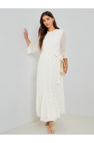 Off White Sequin Maxi Dress with 3/4 Sleeves