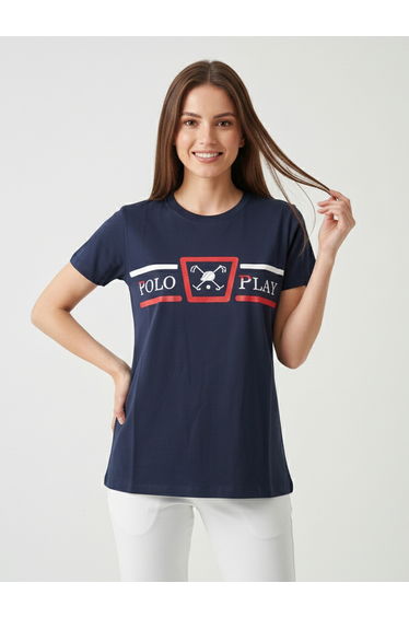 Navy Blue Logo Print Crew Neck T-Shirt