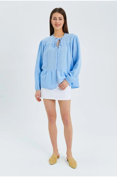 Mixray Long Sleeve Relaxed Fit Blouse with Tie-Neck