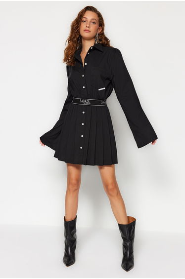 Black A-Line Mini Shirt Dress with Long Sleeves