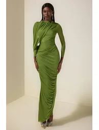 Mesh Gathering Long Sleeve Maxi Dress