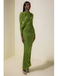 Mesh Gathering Long Sleeve Maxi Dress - 5