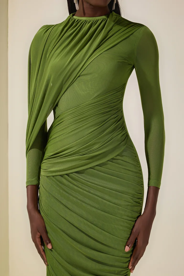 Mesh Gathering Long Sleeve Maxi Dress - 7