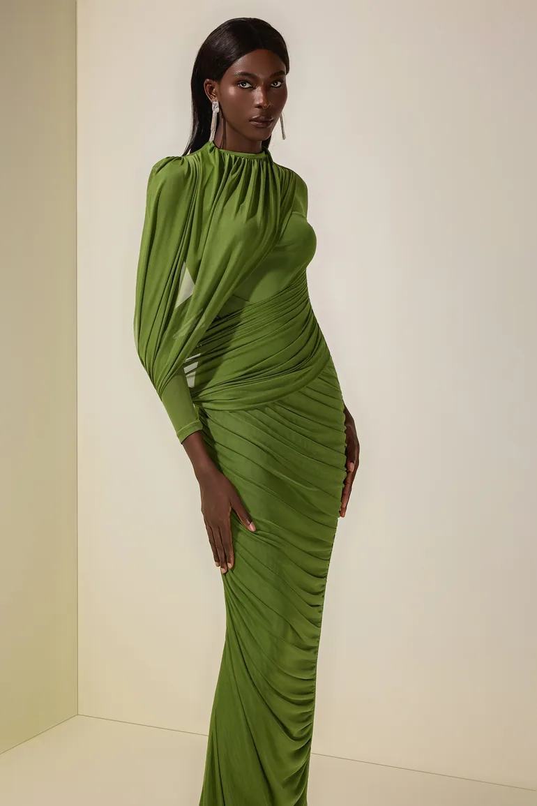 Mesh Gathering Long Sleeve Maxi Dress - 4