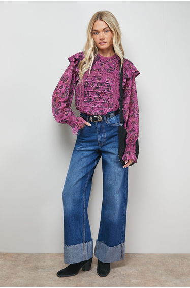 Printed Lace Trim Pleat Detail Boho Blouse