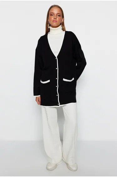 Black Color Block Pearl Button Knitwear Cardigan