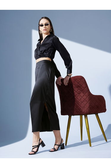 Solid Satin Straight Fit Midi Skirt with Side Slit