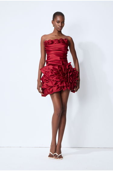 Best Part Of Me Red Rose Applique Strapless Satin Mini Dress