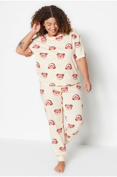 Plus Size Pajama Set - Ecru - With Slogan