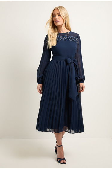 Petite Pleated Floral Trim Midi Dress