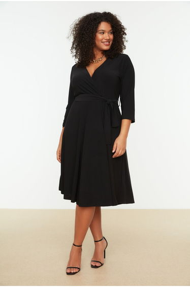 Black Plus A-Line Midi Wrap Dress