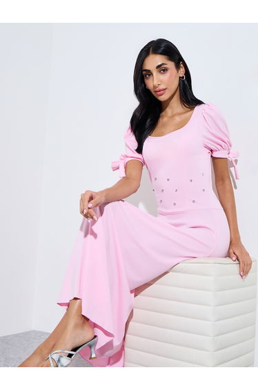Pink Square Neck Midi Dress with Embellishment