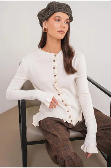 MIXRAY Frilly Ribbed Knit Cardigan