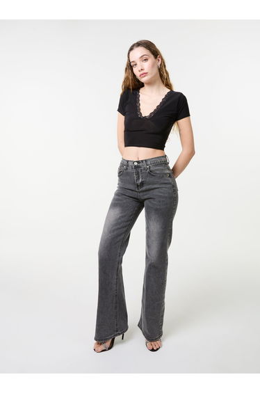 Slinky V Neck Top With Lace Trim